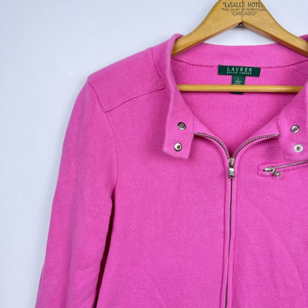 Lauren Ralph Lauren Pink Moto Full Zip Knit Cardigan Sweater Large